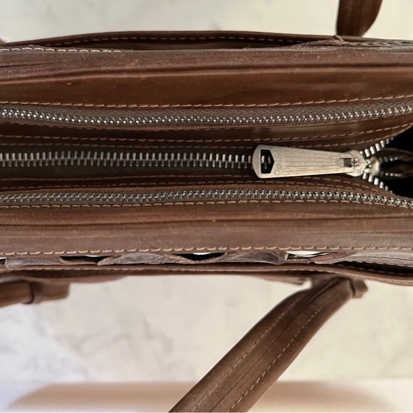 Vintage Tooled Leather Top Handle Purse Bag Chocolate Brown & White Two Tone - Picture 11 of 16